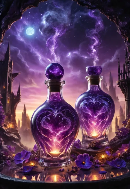 Masterpiece, 4k, high_def, Score_9, Score_8, best quality, photorealistic magic potion, intricately crafted glass bottle, glowing elixir, vibrant hues of purple and silver, ethereal radiance, soft luminous glow, shimmering magical lights, wax-sealed stopper, golden highlights that catch the light dynamically, delicate spark-like particles floating around, fantasy-inspired aura, radiant and majestic, stunning reflections, detailed craftsmanship, evoking an ethereal and otherworldly beauty