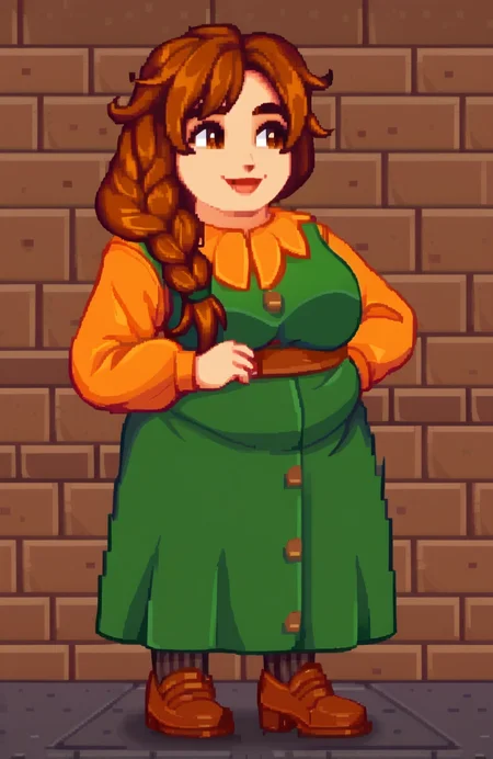score_9, score_8_up, score_7_up, rating_safe, source_anime, source_cartoon, source_game, zPDXLpg
BREAK
<lora:NSMarnieStardew:1> NSMarnieStardew, single braid, brown hair, brown eyes, shortstack, huge breasts, smirk, mature, chubby, plump, curvy, on model, 1girl, green dress, orange collared shirt, long sleeves, orange sleeves
<lora:StardewValley-08:1.05> (StardewValley:1.1), , Pixel art, , Game Assets