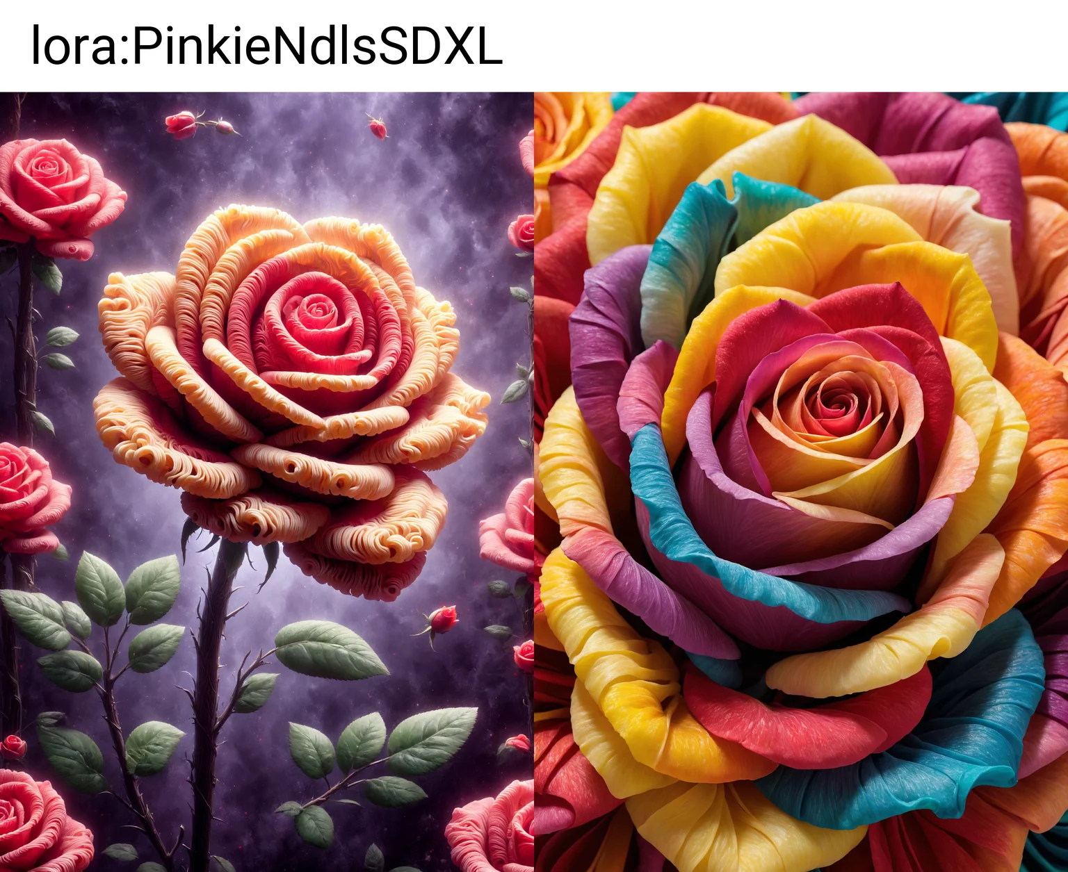 Close up of vibrant macro rose with stunning, vivid colors, masterpiece, hyperdetailed, made out of noodles, <lora:PinkieNdlsSDXL:1>, p1nkn00dles,