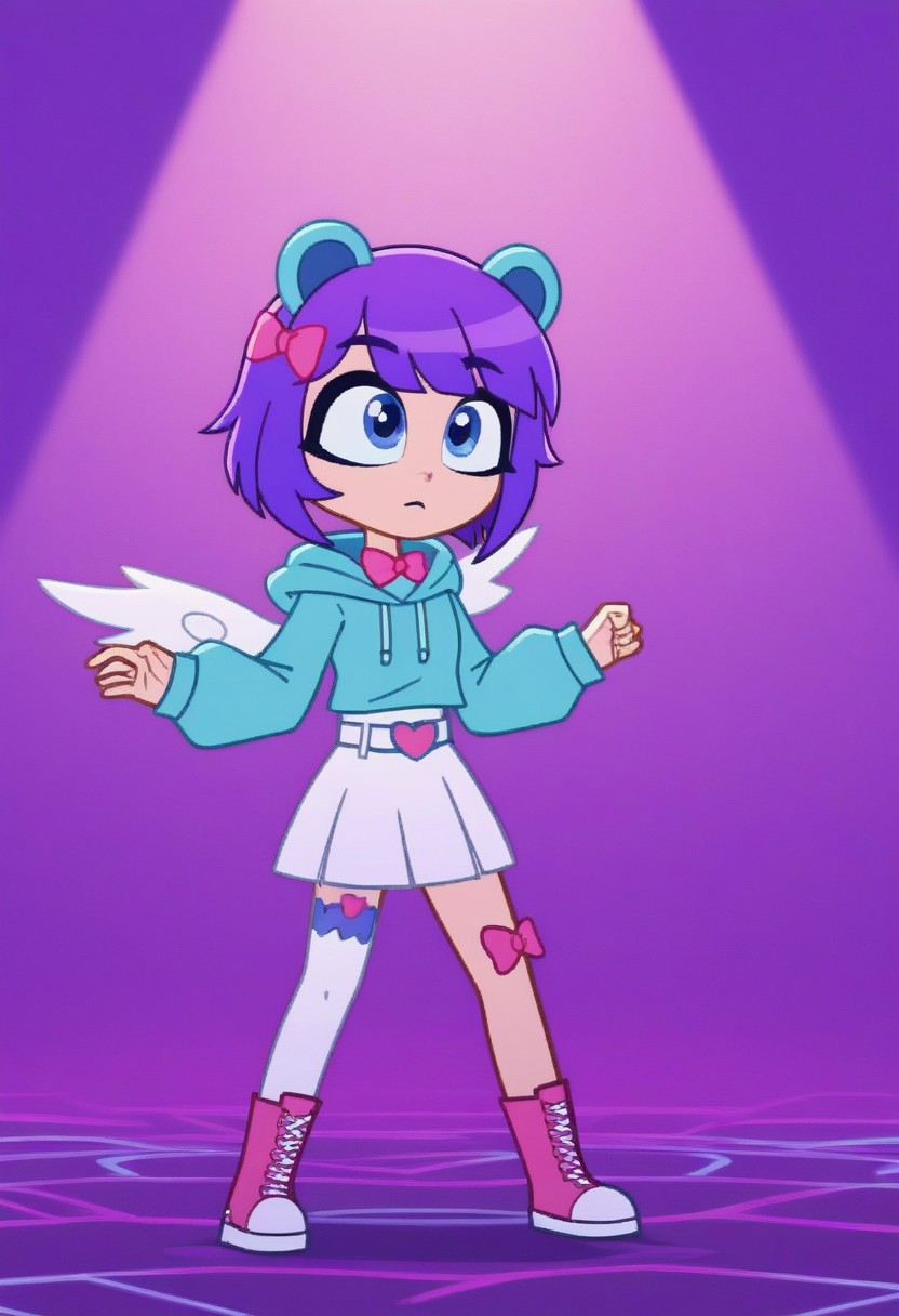 score_9,score_8_up,score_7_up,score_6_up, hair fluttering in the wind, dynamic lighting, dynamic pose, medium shot, FTROGY5, GachaFTROGY5, Gacha, girl, purple hair, bob haircut, blue frog ears, Blue eyes, turquoise hoodie, white skirt, и Belt with a pink heart, white wings, big eyes, pink bow, checker on the leg, White stocking, pink boots with teddy bears,