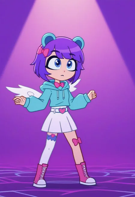 score_9,score_8_up,score_7_up,score_6_up, hair fluttering in the wind, dynamic lighting, dynamic pose, medium shot, FTROGY5, GachaFTROGY5, Gacha, girl, purple hair, bob haircut, blue frog ears, Blue eyes, turquoise hoodie, white skirt, и Belt with a pink heart, white wings, big eyes, pink bow, checker on the leg, White stocking, pink boots with teddy bears,