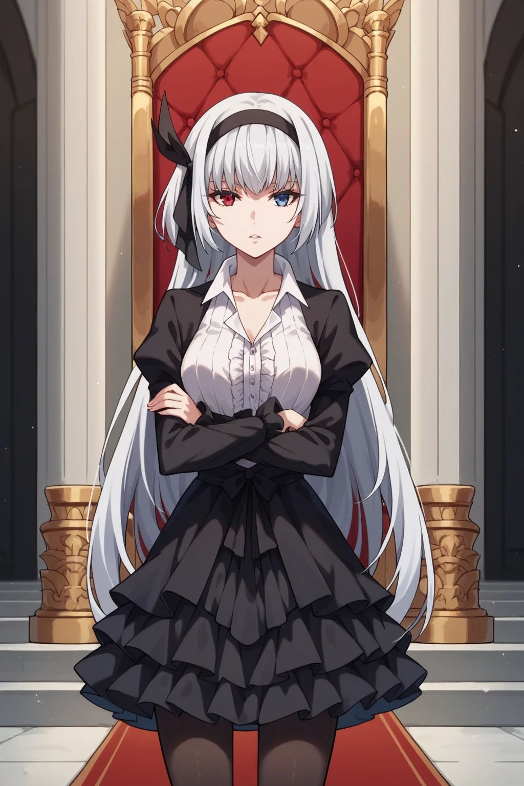 score_9,score_8_up,score_7_up,score_6_up,source_anime, prefect lighting, very aesthetic, intricate details, highly detailed background, masterpiece, high quality, prefect hands, best quality, solo, 1girl,
<lora:Luminous_Valentine_Tensura_V1_r1:.85>white hair, heterochromia, red eyes, blue eyes, long hair, head band,
black frilled dress, goth short dress, white collared shirt, black pantyhose, collarbone, open collar, cowboy shot, facing viewer, 
from side, standing, looking at viewer, expressionless, parted lips, crossed arms, 
throne room, throne, red carpet, stairs, pillars, curtains,
(Beautiful, medium Breasts:1.2), natural breasts,