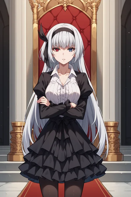 score_9,score_8_up,score_7_up,score_6_up,source_anime, prefect lighting, very aesthetic, intricate details, highly detailed background, masterpiece, high quality, prefect hands, best quality, solo, 1girl,
<lora:Luminous_Valentine_Tensura_V1_r1:.85>white hair, heterochromia, red eyes, blue eyes, long hair, head band,
black frilled dress, goth short dress, white collared shirt, black pantyhose, collarbone, open collar, cowboy shot, facing viewer,
from side, standing, looking at viewer, expressionless, parted lips, crossed arms,
throne room, throne, red carpet, stairs, pillars, curtains,
(Beautiful, medium Breasts:1.2), natural breasts,