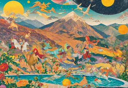 An unicorn, sun, mountain, pool, summer, party, collage <lora:Tomat:.8> cosmic, check,