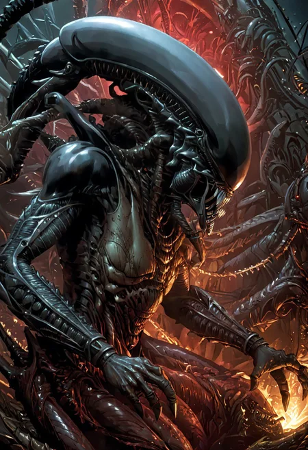 An insanely Detailed Divine Xenomorph, Golden and silver in color, cyberpunk, a crimson tinge to the golden color, Hyperdetailed, Omnipresent, Beautiful, Sinister overtones, otherworldly,