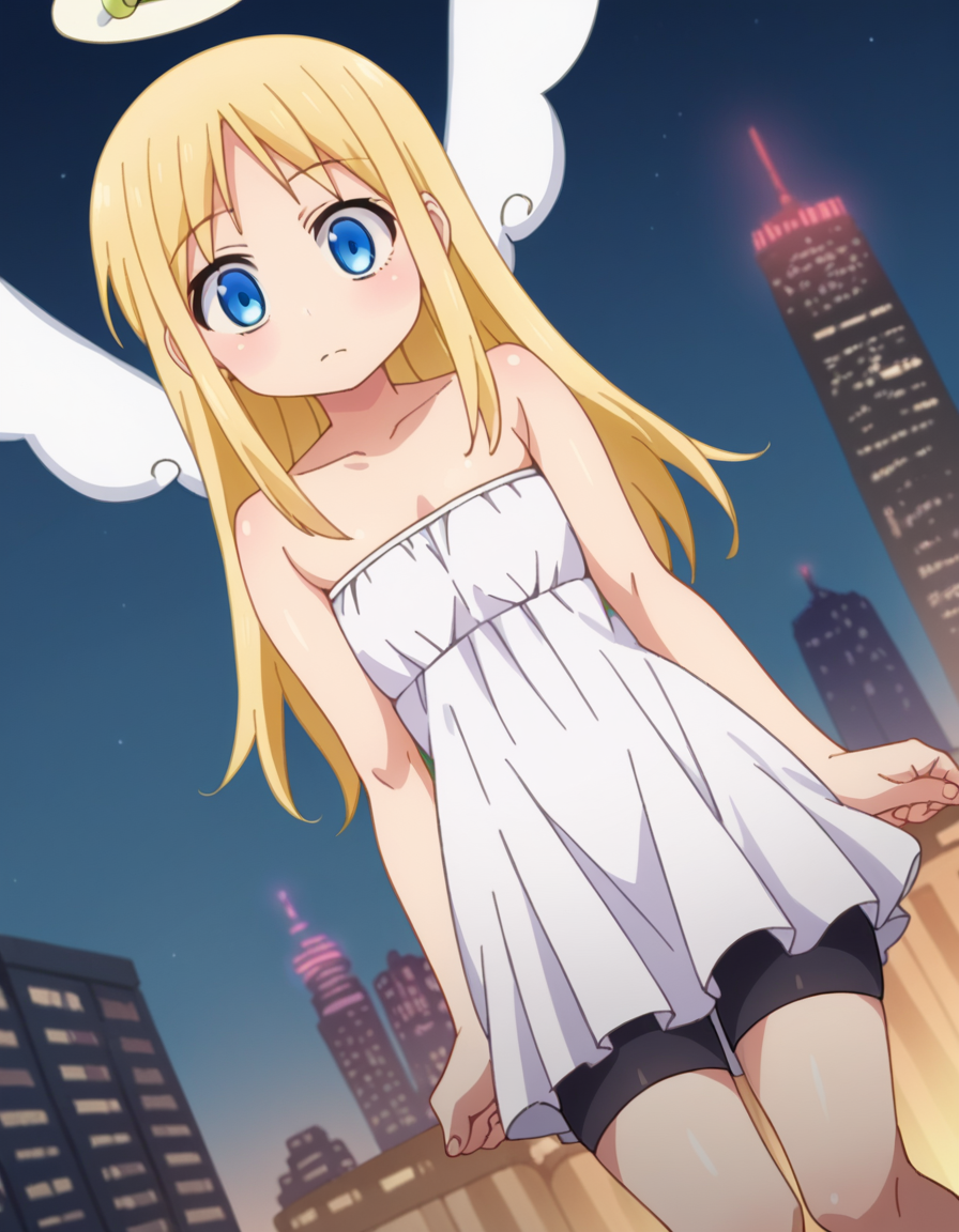 score_9, score_8_up, score_7_up, source_anime,
crimvael, <lora:crimvael-ponyxl-lora-nochekaiser:1>
crimvael, long hair, blue eyes, blonde hair,
dress, bare shoulders, collarbone, wings, white dress, strapless, halo, strapless dress, angel wings, white wings, angel,
outdoors, cityscape,
looking at viewer, dutch angle, cowboy shot,