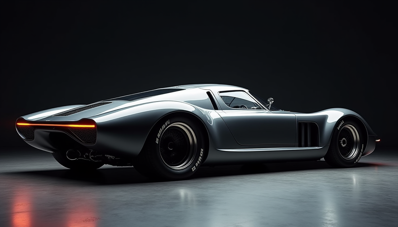 A picture of a futuristic race car prototype similar to a Lotus 79 yfg-sde in a dark studio. Perpendicular shot from the side.
