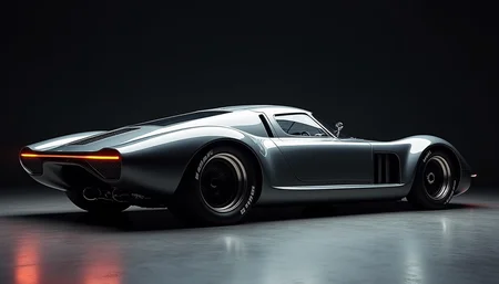 A picture of a futuristic race car prototype similar to a Lotus 79 yfg-sde in a dark studio. Perpendicular shot from the side.
