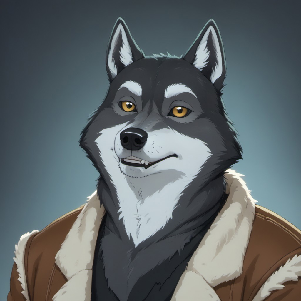 score_9, score_8_up, score_7_up, source:furry, dynamic lighting, detailed background, bedroom background,  anthro, furry, male, 1boi, (headshot), solo, (detailed face, detailed eyes), furry, anthropomorphic character, 
BREAK
Mr_Badwolf, Anthro Wolf, Wolf, BBW, Ever_after_high, dark gray fur, white snout, white eyebrows, white inner ears, black nose, white sclera, yellow eyes, black lips, large muscles, muscular, thick neck, leather jacket, fleece-lined jacket, torn jeans, digitgrade legs, 
BREAK
<lora:add-detail-xl:1.5>