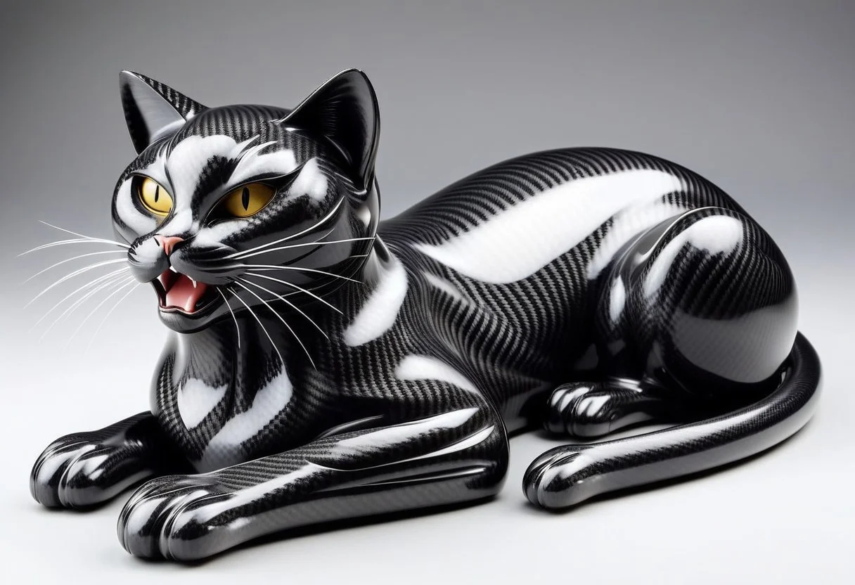 lazympos, cf_style, black cat made of carbon fiber, tabby cat, sleeping, yawning
