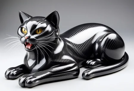 lazympos, cf_style, black cat made of carbon fiber, tabby cat, sleeping, yawning