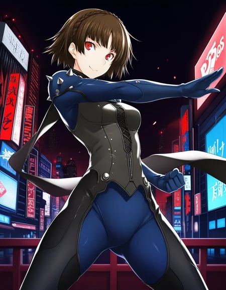 (Kawagishi Keitarou), <lora:1_illu_kawagishi_6e:1>, 1girl, Niijima Makoto, Persona 5, cowboy shot, brown hair, red eyes, crown braid, blue bodysuit, scarf, shoulder spikes, smile, closed mouth, short hair, small breasts, fighting stance, Tokyo, red and black background, city, (masterpiece, best quality, amazing quality),
