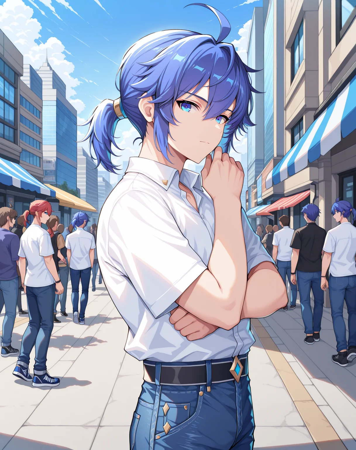 masterpiece, best quality, absurdres, very aesthetic,
1boy, solo, yaoi, male focus,
looking at viewer, cowboy shot, standing,
<lora:Ronan_Evolution_ilxl:1> ronanevolution, ponytail, blue hair, ahoge, hair between eyes, blue eyes,
white shirt, jeans, sneakers,
outdoors, day, blue sky, building, people,