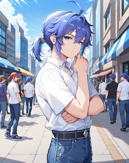 masterpiece, best quality, absurdres, very aesthetic,
1boy, solo, yaoi, male focus,
looking at viewer, cowboy shot, standing,
<lora:Ronan_Evolution_ilxl:1> ronanevolution, ponytail, blue hair, ahoge, hair between eyes, blue eyes,
white shirt, jeans, sneakers,
outdoors, day, blue sky, building, people,