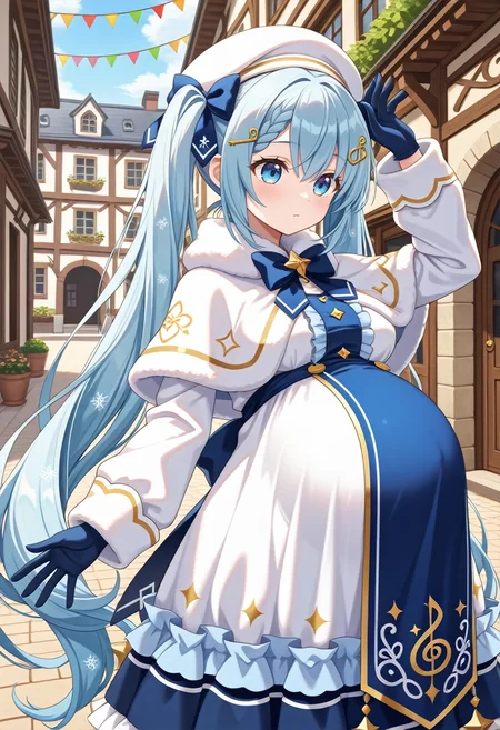 STYLE(comfy++,none) masterpiece, best quality, absurdres, 1girl, cura, azuuru, torino aqua, yuki miku \(2021\), vocaloid, blue eyes, hair between eyes, very long hair, light blue hair, blue hair, musical note hair ornament, twintails, braided bangs, hair bow, white capelet, white headwear, fur-trimmed capelet, blue gloves, white dress, long sleeves, blue bow, beret, gold trim, blue tabard, treble clef, string of light bulbs, medium breasts, clothed, pregnant, big belly, solo, exhausted, looking down, facing to the side, arm up, spread fingers, hand up, (arched back), contrapposto, portrait, overhead view, day, town, game cg, <lora:Other/Pregnancy_Slider.safetensors:1.5:1.5> <lora:Tech/dmd2_sdxl_4step_lora_fp16.safetensors:1.0:1.0> <lora:Other/pregnant_c_v3.safetensors:1.0:1.0>