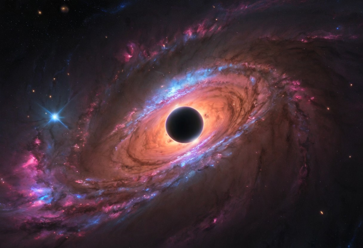 a dynamic and breathtaking image of the universe with vibrant colors and dramatic lighting. Show a swirling nebula in the foreground with bright, intense hues of blue, purple, and pink. In the background, depict a distant galaxy with spiraling arms and scattered stars. Include a supernova explosion, radiating brilliant light, and a mesmerizing black hole at the center, with cosmic debris swirling around it. Add a hint of distant planets and asteroids to create a sense of scale and depth. Make the entire scene feel alive and constantly in motion.