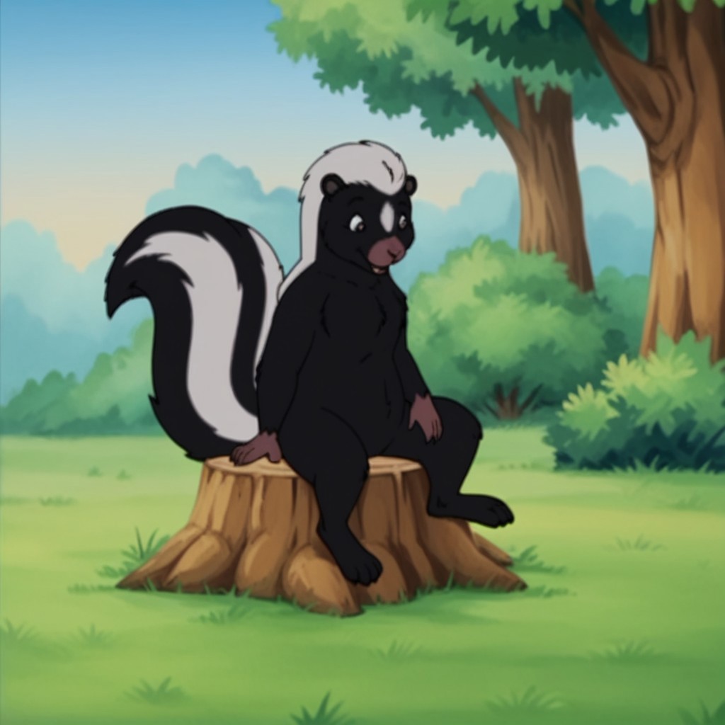 score_9, score_8_up, score_7_up, score_6_up, score_5_up, score_4_up, source_furry, skunkfrnkln, semi-anthro, female, skunk, black fur, outside, sitting, on a tree stump, in a field,