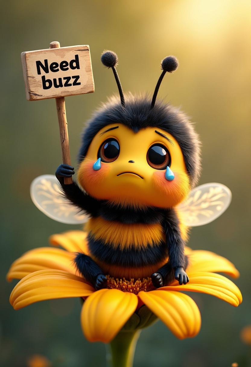 A cute pixar-style bumble bee that is sitting on a flower and holding up a little sign that says "Need buzz".  The bumble bee is very stylized and looks like it is very sad and crying