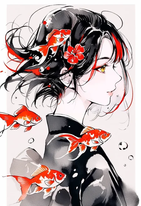 masterpiece, best quality,<lora:inkXL_ANI31_lokr_V43P1:0.95>monochrome, watercolor, 1girl, fish, goldfish, black hair, bubble, yellow eyes, solo, makeup, multicolored hair, short hair, japanese clothes, from side, kimono, eyeshadow, koi, red hair, flower, profile, black kimono, streaked hair, upper body, parted lips, air bubble, tattoo, grey background, simple background, red flower, eyeliner, white border