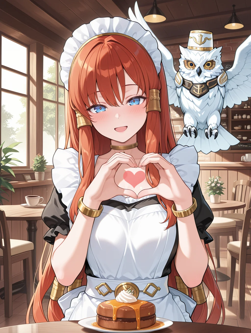 minerva - the exalted lightsworn,1girl,1other,white owl,smile,looking at viewer,gold hair tubes,solo,open mouth,angel wings,gold choker,gold bracelet,red jewelry,maid headdress,maid apron,maid,dress,blush,bird on shoulder,cafe,indoors,table,heart hands,
masterpiece,best quality,amazing quality,very aesthetic,absurdres,newest,<lora:Minerva, the Exalted Lightsworn illuXL v1.1:0.75>,