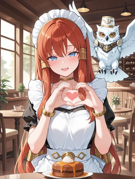minerva - the exalted lightsworn,1girl,1other,white owl,smile,looking at viewer,gold hair tubes,solo,open mouth,angel wings,gold choker,gold bracelet,red jewelry,maid headdress,maid apron,maid,dress,blush,bird on shoulder,cafe,indoors,table,heart hands, 
masterpiece,best quality,amazing quality,very aesthetic,absurdres,newest,<lora:Minerva, the Exalted Lightsworn illuXL v1.1:0.75>,