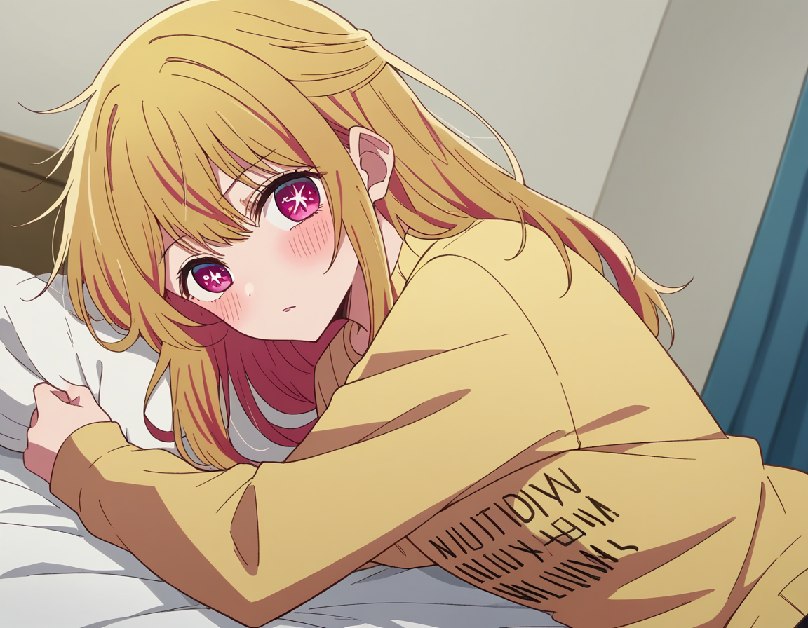 score_9, score_8_up, score_7_up, source_anime,
rubyhoshino, <lora:ruby-hoshino-s1-ponyxl-lora-nochekaiser:1>,
ruby hoshino, long hair, bangs, blonde hair, pink eyes, sidelocks, symbol-shaped pupils, multicolored hair, two-tone hair,
shirt, long sleeves, sweater, clothes writing, yellow shirt,
indoors, bed, bed room, on side, blush, drunk,
looking at viewer, cowboy shot, dutch angle, solo,