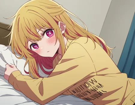 score_9, score_8_up, score_7_up, source_anime,
rubyhoshino, <lora:ruby-hoshino-s1-ponyxl-lora-nochekaiser:1>,
ruby hoshino, long hair, bangs, blonde hair, pink eyes, sidelocks, symbol-shaped pupils, multicolored hair, two-tone hair,
shirt, long sleeves, sweater, clothes writing, yellow shirt,
indoors, bed, bed room, on side, blush, drunk,
looking at viewer, cowboy shot, dutch angle, solo,