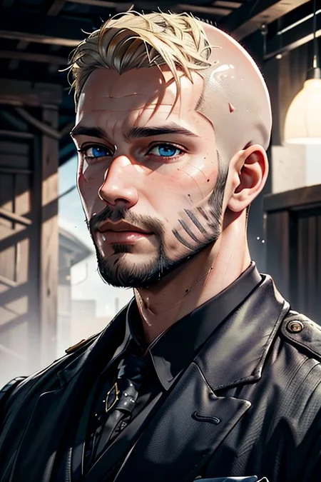 Master piece, highest quality, highest possible OverallDetail, semirealistic, blue eyes,
Create an elder of a cultivator sect.
The character looks like he is in his late twenties or early thirties. He is handsome.
He is bald and has a blond beard.
His eyes are blue. Detailed face.