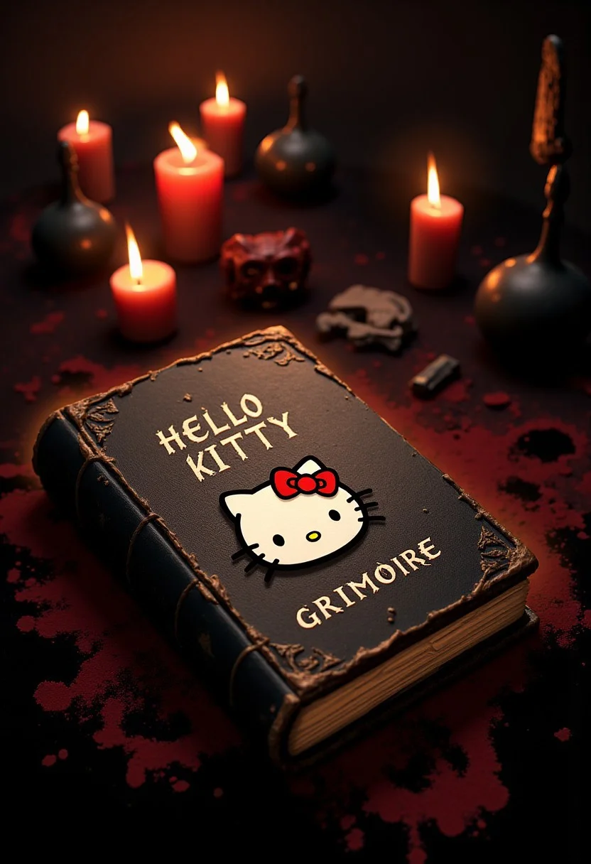 tome of. aidmatextimprover. A dark and foreboding atmosphere. A sinister altar, candles, moody, gothic ornaments. On the altar is a old tome. The book is ancient. On the cover is a Hello Kitty symbol. The title of the book reads: "Hello Kitty Grimoire"