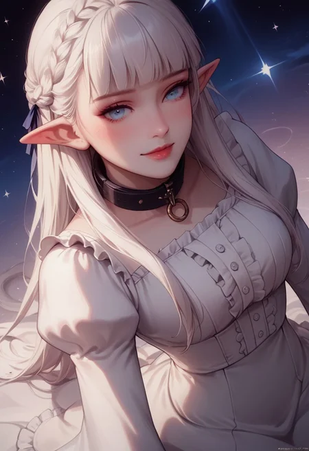 score_9, score_8_up, score_7_up,
nephiliaxl, pointy ears, blue eyes, long hair, white dress, white hair, elf, long sleeves, collar, frills, blunt bangs, braid, very long hair, wide sleeves, hair ribbon, juliet sleeves, frilled dress, (((pinup pose))), full body, focus on face, looking at viewer, shy smile, curious eyes, view from behind, head turned,
cosmic background, castle in background,
score_9,score_8_up,score_7_up,very aesthetic , rating_explicit, (masterpiece:1.4), (best quality), (colorful), (detailed) dramatic angle, unique perspective, unique angle, ((comic book angle and perspective)), ((wide shot)), multiple frames