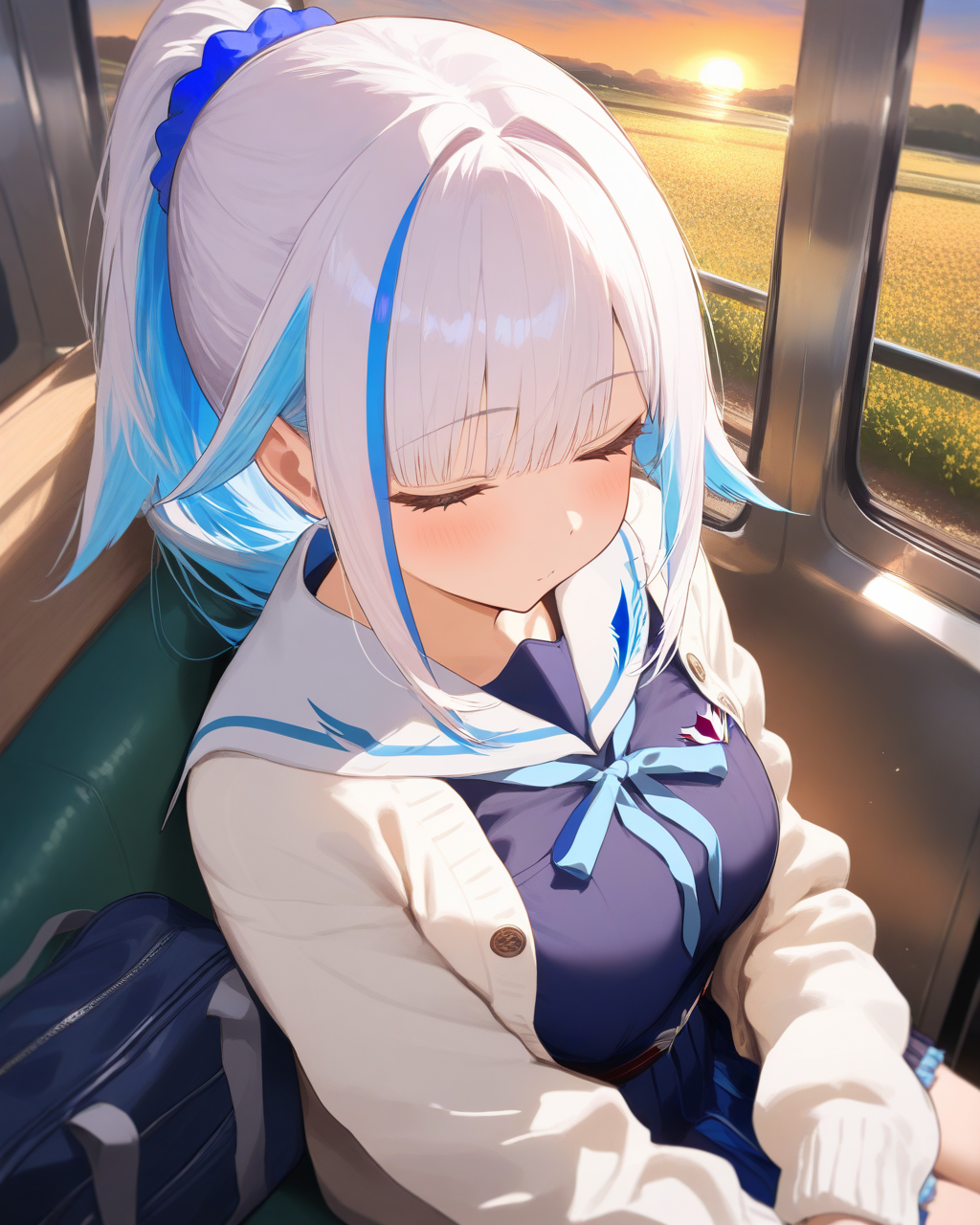 1girl,
LizeHelestaNijisanji,
LizeHelestaNijisanji4thCostume,
sensitive,
solo, perspective, upper body,
ponytail, hair ornament, hair scrunchie,
closed eyes, sleeping,
white cardigan, sailor collar, blue serafuku,
large breasts, school bag,
sunset, subway seat, train,
depth of field,
<lora:kp_LizeHelestaNijisanjiAnimagineXL_v1_1:1.0>,
masterpiece, high score, great score, absurdres