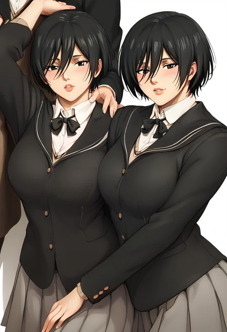 score_9, score_8_up, score_7_up, mikasa ackerman, black eyes, black hair, short hair, wide hips, lips, huge breasts, black blazer, black sailor collar, collared shirt, neck ribbon, dark grey skirt, pleated skirt, multiple view, face close up,