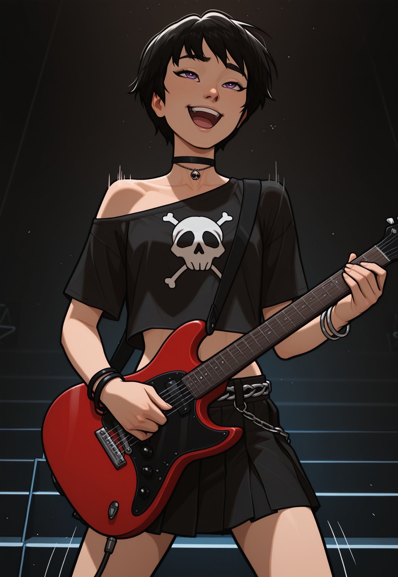 masterpiece,best quality,amazing quality,newest, absurdres, highres, detailed eyes, beautiful, perfect eyes, finely detailed face, very aesthetic, anime coloring, anime screencap, incoth, (incase:0.6), 

1girl, KimmyDKov, short hair, black hair, purple eyes, small breast, slim, choker, black tshirt, skull on shirt, oversized cropped shirt, one bare shoulder, midriff, black skirt, chain belt, electric guitar, red and black guitar, large bracelets,

playing guitar, dynamic pose, energetic, motion lines, singing, jumping,

happy, exited,

concert stage,