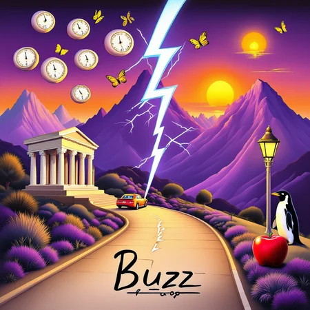 You are an assistant designed to generate quality images with the superior degree of image-text alignment based on textual prompts or user prompts. A painting of a path along a purple mountain at sunset. There is a Greek temple to the left of the path with inflatable clocks floating above it. A lit lamp post is on the right, and a penguin further along. There are butterflies in the air. An apple car is driving down the road. The painting is surrealistic, in the style of Salvador Dalí. There is a lightning bolt through the middle of the picture.

Text at the bottom says the word "Buzz". The text is handwritten. 