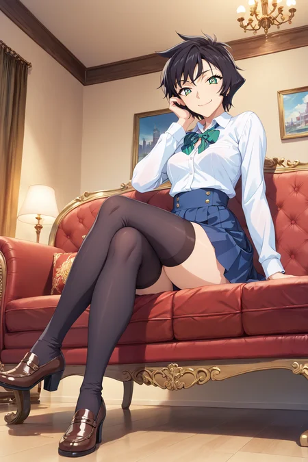 score_9,score_8_up,score_7_up,from below,
1girl,mature female,milf,sitting,sitting on couch,crossed legs,full body,inside,city,looking at viewer,head rest,evil smile,seductive smile,expected eyes,from front,small breasts,narrow waist,wide hips,
Best quality,masterpiece,soft light,official art,masterpiece,high quality,highres,absurdres,epic scene,natural textures,highest quality,8K,Ultra-HD,ultra detail,epic scene,natural textures,<lora:Sera Masumi Pony:1>,sera masumi,short hair,black hair,green eyes,school uniform,