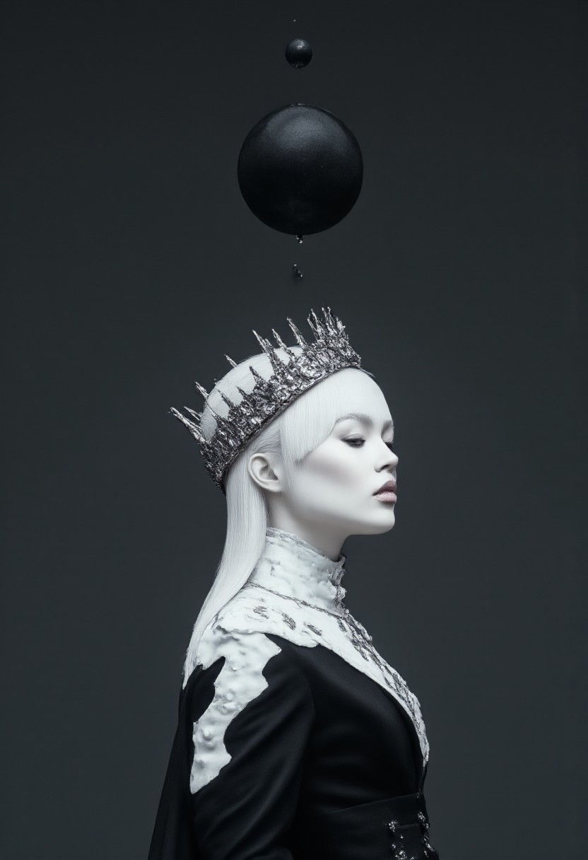 A glowing black crown adorned with sharp metallic thorns radiates a soft, ethereal light, resting atop the head of a queen whose form is rendered in a stark white silhouette. 
Contrasting the light of her form, a black crown—minimal, ominous—floats just above the glowing one, like a silent twin of darkness. Her presence is silent and commanding,