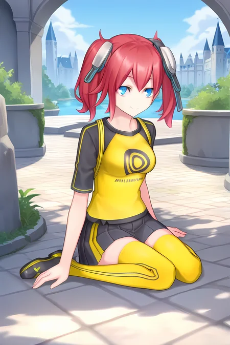 (yellow shirt black sleeves print shirt black skirt yellow thighhighs), dsc-ami, red hair, side ponytail, blue eyes, goggles on head, medium breasts, 1girl, solo, skinny, , score_9, score_8, score_7, source_anime, light smile, castle, (1.3::full body|sitting|standing|lying|0.6::close-up| :1.20), <lora:dsc-ami-cosine-V01-000003:1.00>