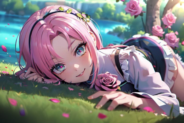 (masterpiece:1.4), 4K8K, (anime style), (high shutterspeed:1.4), (sharp edges), 
SyFyEye1, FanFo, 
1woman  hands togather,  leaning foward, face focus, smile, closed mouth, 
wearing Celtic style dress, (Detailed face, Detailed eyes, Detailed lips), (solo), 
pink hair, any colored roses, Fantastic, grass firld, lakeside,