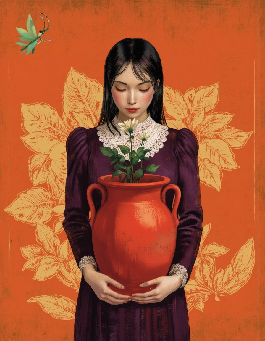 By Anna & Elena Balbusso. A digital illustration shoot from a front camera angle about a woman with a serene expression, holding a large red pot with a small white flower in it, surrounded by an orange background with floral patterns. the image also shows a small green insect, possibly a fairy, in the top left corner. on the middle of the image, a woman, who appears to be in her late 20s, with long black hair and closed eyes, is standing with her upper body facing the viewer. she is wearing a dark purple dress with a white lace collar, and her hair is styled in a long hair style. her eyes are closed, and she has a gentle expression on her face. her body is slim and her expression is serene. the woman is holding the pot with both hands, and the plant in the pot is small and delicate, with a single white flower on top. the background is a warm orange color with a subtle floral pattern, adding a touch of elegance to the image.