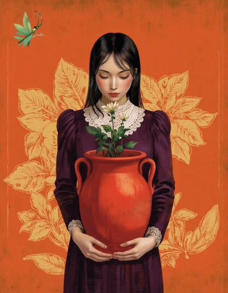 By Anna & Elena Balbusso. A digital illustration shoot from a front camera angle about a woman with a serene expression, holding a large red pot with a small white flower in it, surrounded by an orange background with floral patterns. the image also shows a small green insect, possibly a fairy, in the top left corner. on the middle of the image, a woman, who appears to be in her late 20s, with long black hair and closed eyes, is standing with her upper body facing the viewer. she is wearing a dark purple dress with a white lace collar, and her hair is styled in a long hair style. her eyes are closed, and she has a gentle expression on her face. her body is slim and her expression is serene. the woman is holding the pot with both hands, and the plant in the pot is small and delicate, with a single white flower on top. the background is a warm orange color with a subtle floral pattern, adding a touch of elegance to the image.