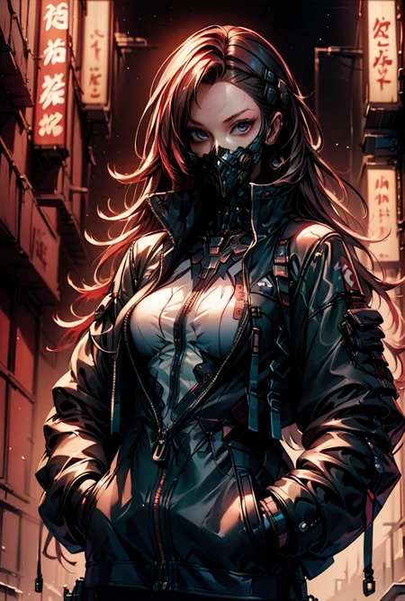 score_9, score_8_up, score_7_up,score_6_up, score_5_up, score_4_up,  BREAK
techwear,  <lora:TechWearPony:0.8>,
, 1girl, mask, long hair, solo, hands in pockets, zipper, cyberpunk, looking at viewer, jacket, breasts