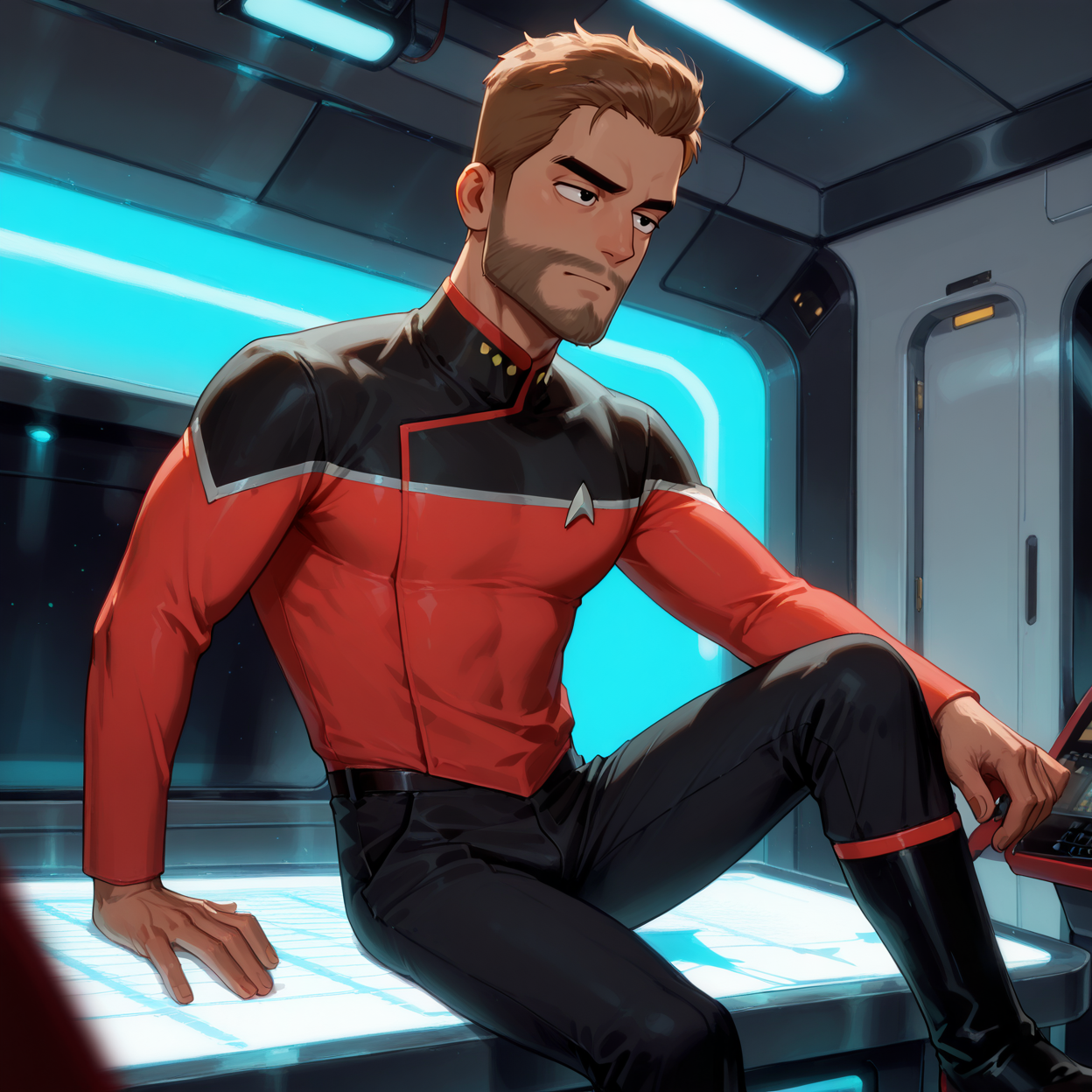 <lora:Star Trek Lower Decks - Jack Ransom - Illustrious-000006:.7>, jackrans0m, 1boy, mature male, muscular, black eyes, stubble, star trek uniform, red two-tone uniform, black pants, uniform boots
(very short hair, beard, bara, mature, facial hair, stubble, beard, full beard, sideburn, beard, a lot of beard, ), facial hair,male focus, muscular male, muscular male, bara, mature,  bara, mature, aixiwuganda_(20222192), very awa, masterpiece, best quality, absurdres, newest, perfect quality, detailed background, intricate details,
<lora:slider_Body Type_alpha1.0_rank4_noxattn_last:3><lora:style_Anime Summer Days 2 Style SDXL_LoRA_Pony Diffusion V6 XL:.6><lora:slider_cfg_scale_boost:.7><lora:Artist6p:.55>, Artist6p, Artist04p,<lora:slider_il_brightness_slider_d1:-1><lora:slider_il_contrast_slider_d1:-1><lora:slider_DarkSlider1.2_alpha1.0_rank16_full_300steps:-.6>