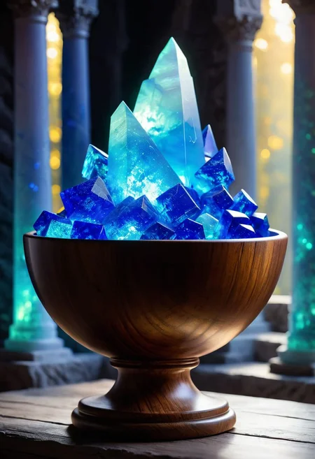 a (wooden-bowl: 1.6) full of (glowing liquid: 1.39) (lapis Lazuli: 1.29) Kintsugi water, (made of opal: 1.59), (divine iridescent glowing: 1.39), (opalescent textures: 1.39), glowing in the early morning light. (in the background Pillars of elven magic towers made of white stone) on distant hillsides, volumetric light, ethereal, sparkling, studio photo, highly detailed, sharp focus (ornate fantasy architecture)