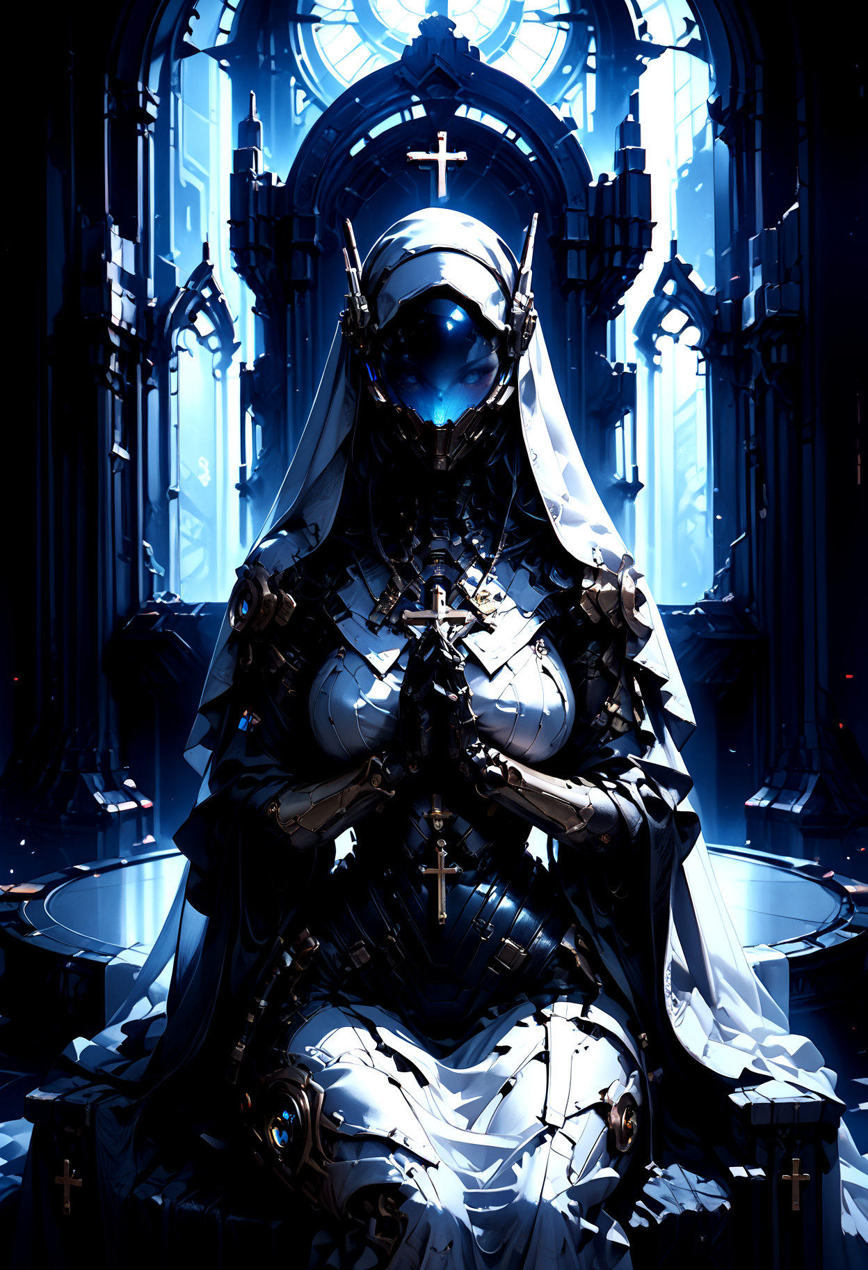 PonyScores7, mcnm, robotic, highly detailed, fisheye lens, from above, faceless_female, large breasts, helmet, face covering visor, blue visor, long black ponytail, luminescent futuristic screen, church, cybernetic, detailed background, nun, cross, sitting, throne, praying, own hands together,
BREAK
best quality, masterpiece, e621, digital_art, smooth texture, shiny clothes
<lora:Mechanism-pdxl-1:0.6>  <lora:unholy:0.6> <lora:dark:0.6>