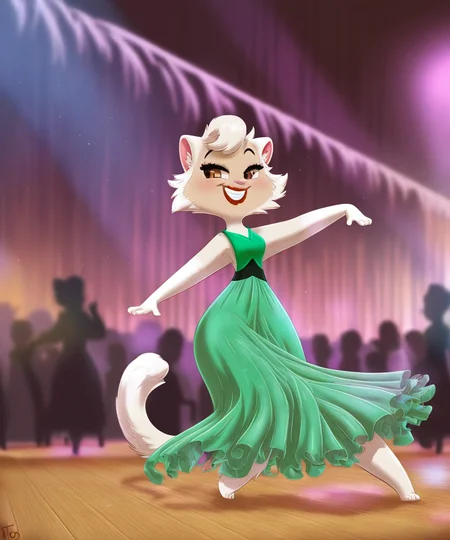 solo, sawyer, female, green dress, lipstick, brown eyes, dancing, grin, public, by toto draw,by zenthetiger, <lora:SawyerXL_01-Noob-nd64-lr2-ep24:1>