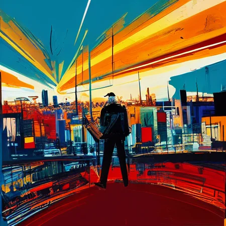 portrait of man screaming, mustache, abstract cityscape, expressionism, gouache, jaggy lines, colorful background, digital painting, sunset