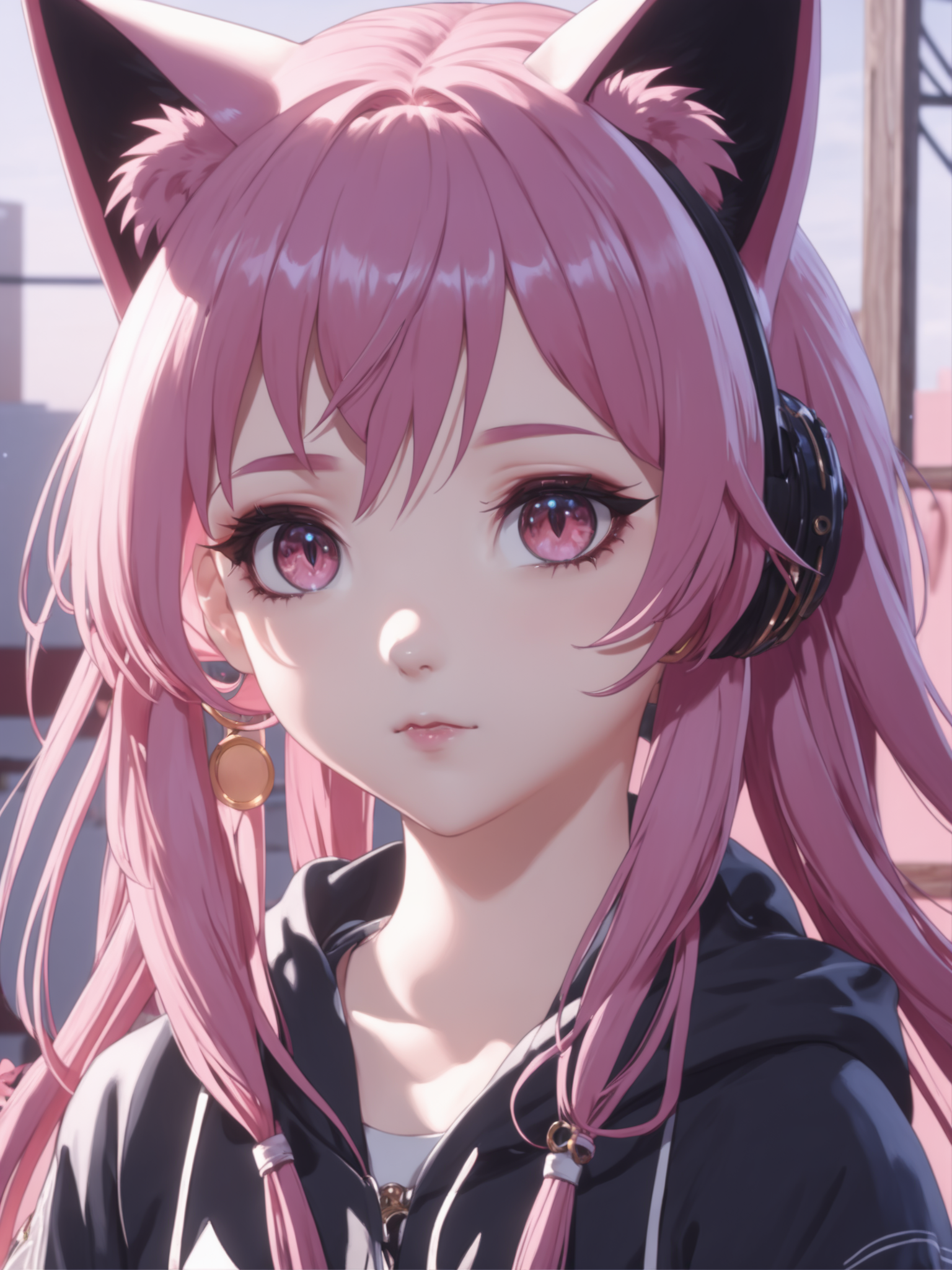 masterpiece, best quality, arcane, (1girl), anime screencap, beautiful detailed eyes, looking at viewer, upper body, pink hair, shy, cat ears, very detailed, high resolution, sharp, sharp image, 4k, 8k,
