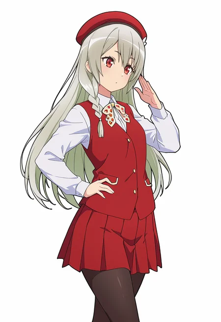 Smooth Quality,masterpiece,very intricate, high quality details, ultra realistic, high detailed skin,detailed enviorement,absurdres,
hand on own hip,
<lora:Ange_Maidena_CNR:0.8> ange_cnr, 1girl, grey hair, red eyes, long hair,
red_cnr,single braid, side braid,white shirt, red vest, school uniform, red skirt, pleated skirt,black pantyhose, beret, red hat,white bow, bowtie,, simple background, white background, front view,
walking pose, one hand in pocket, head slightly turned, casual stride,,, + -,