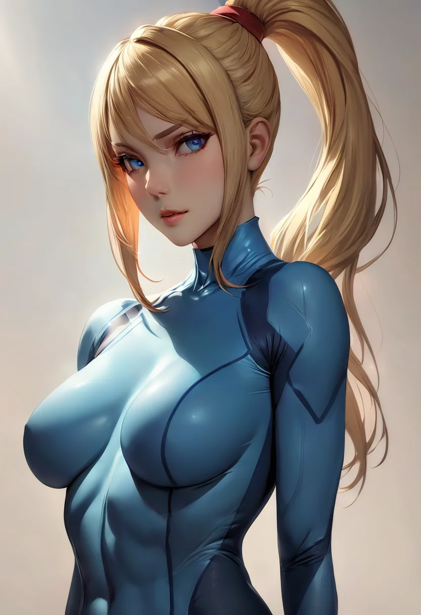 masterpiece, best quality, 1girl, game cg <lora:samus-xl-nvwls-v1-000007:0.9> defsamus, blonde hair, bodysuit, blue clothes, standing, upper body, looking at viewer, staring, black background, (realistic:0.6)