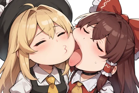 <lora:hkaeveakwt61356135:1>, hkaeveakwt6135, closed eyes, blush, open mouth, puckered lips, tongue out, o3o, chibi, upper body, default, 2girls, hakurei reimu, kirisame marisa, hat, score_9, score_8_up, score_7_up, uncensored, source_anime